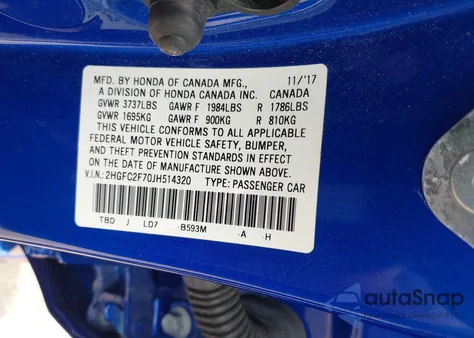 2018 Honda Civic Ex from USA, damaged, VIN 2HGFC2F70JH514320